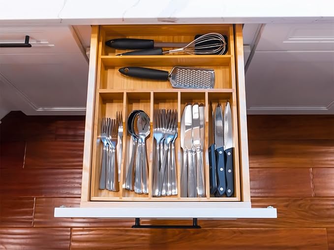Umilife Bamboo Kitchen Drawer Organizer, 13 Inch Silverware Utensil Tray Holder, Extra Deep Grooved Drawer Divider, 7 Slots Total Bamboo Wood Caddy for Flatware Cutlery Knives, Forks, Spoons