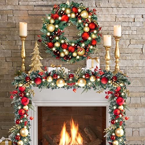 WANNA-CUL Pre-Lit 9ft Christmas Garland with Lights 50 LED Red Gold Baubles
