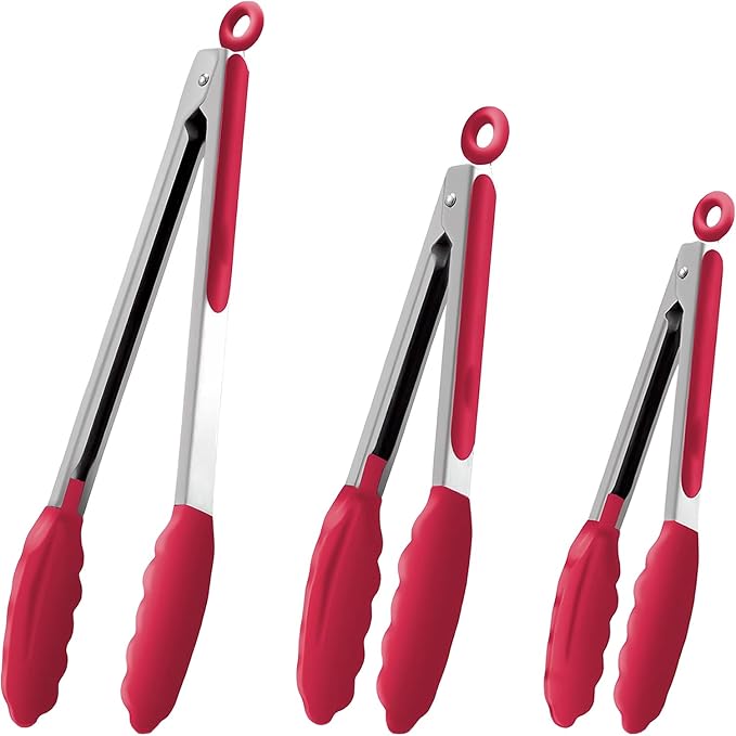 TTVOVO Silicone Tongs for Cooking Heat Resistant Kitchen Tongs Red 3Pcs