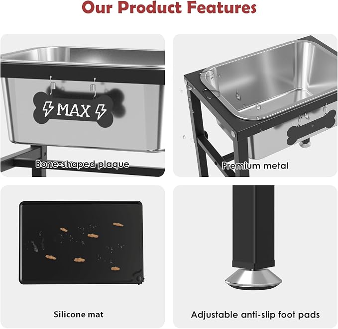 2.8 Gallon Elevated Large Dog Water Bowl with Spill-Proof Mat, 4-Height Adjustable (9.4–14.2'') Raised Dog Water Bowl Stand with Stainless Steel Bowls for Indoor/Outdoor Use
