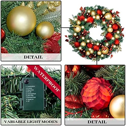 WANNA-CUL Pre-Lit 9ft Christmas Garland with Lights 50 LED Red Gold Baubles