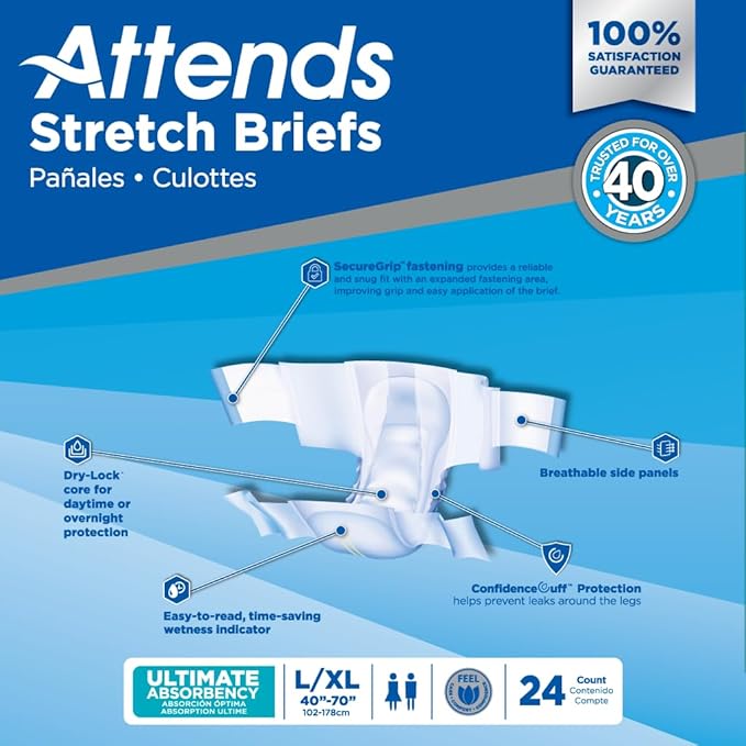 Attends Stretch Adult Incontinence Disposable Briefs, Large/X-Large, 40"-70" Waist with SecureGrip Tab Closure, Ultimate Absorbency with Dry-Lock Containment Core and Breathable Side Panels, 24ct Bag