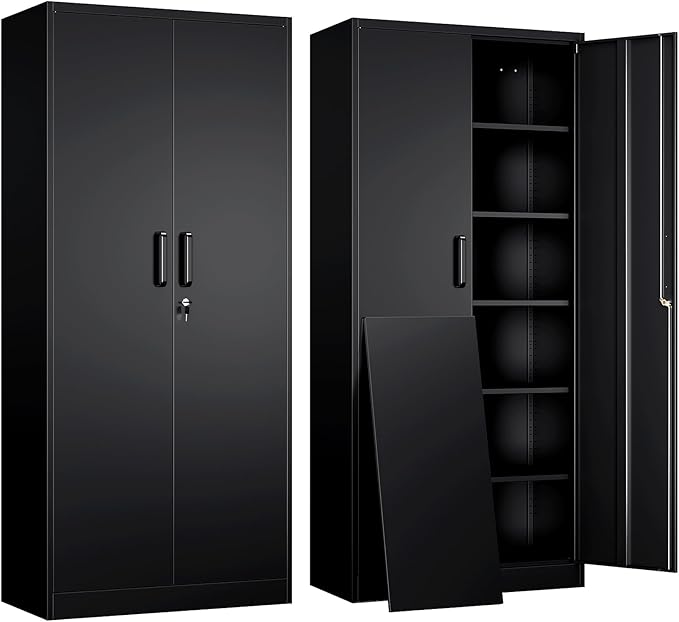 Metal Garage Storage Cabinet with 2 Doors and 5 Adjustable Shelves - 71" Steel Lockable File Cabinet,Locking Tool Cabinets for Office,Home,Garage,Gym,School (Black)