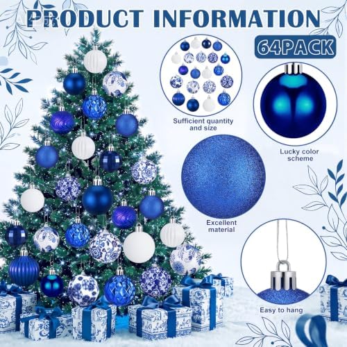 Lunmon 64 Pcs Chinoiserie Christmas Ornaments Blue and White Xmas Bulbs