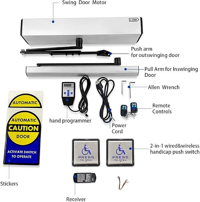 Automatic Door Opener for Disabled with Wireless&Wired 2-in-1 4.5'' Square Handicap Push Button Olide-510 with Both Inswing and Outswing Arms