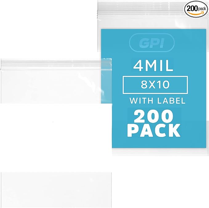 GPI - 8" x 10" - Bulk Pack of 200, 4 Mil Thick, Heavy Duty, Clear Plastic Reclosable Zip Bags, With Write-on White Block for Labeling, Strong & Durable Poly Baggies With Resealable Zipper Top Lock.