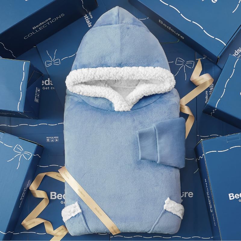 Bedsure Wearable Blanket Hoodie, Cozy Long Hooded Blanket Sweatshirt as Mothers Day Hoodie Gifts for Mom Women, Small, Sky Blue