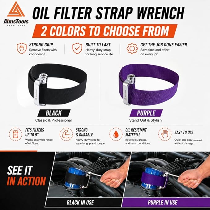 Large Nylon Heavy Duty Strap Oil Filter Wrench Up to 9"(229mm), Fits into Tight Areas, Universal Oil Filter Removal Tool No Slipping for Engine Filters, Conduit, Fittings