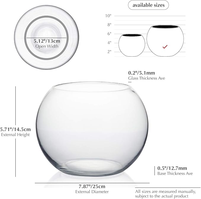 WGV Bowl Glass Vase Bulk, Diameter 8", Height 6", Open Width 5", (Multiple Sizes Choices) Clear Bubble Planter Terrarium Fish Bowl for Wedding Event Home Decor, 6 Pieces (VBW0008A)