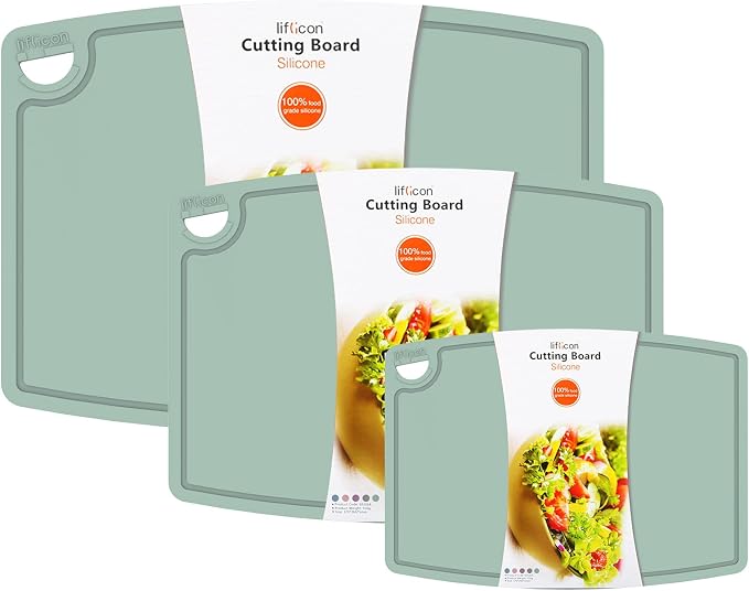 Silicone Thick Cutting Boards Mats Set of 3 Foldable & Flexible Design Juice Grooves Easy Grip Handle Dishwasher Safe for Kitchen,BPA free Silicone Cutting Board-Light Green