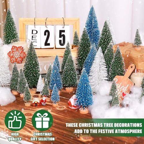 30Pcs Mini Christmas Trees Artificial Christmas Tree Bottle Brush Trees with Wooden Base for Christmas Decor Christmas Party Home Table Craft Decorations(Green+Blue+White)