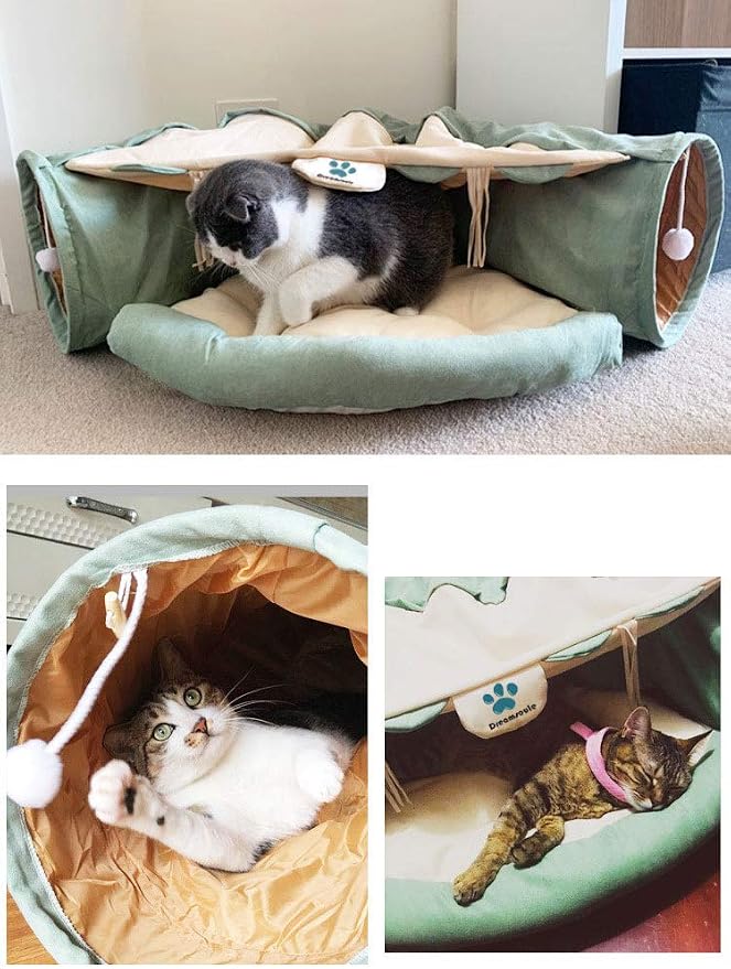 2-in-1 Cat Bed Play Tunnel with Removable Washable Mat for Pets Cats Dogs Rabbits and Pets Kittens for Home Foldable Soft Cat Tunnel Tubes Toys Pet Play Bed Indoor
