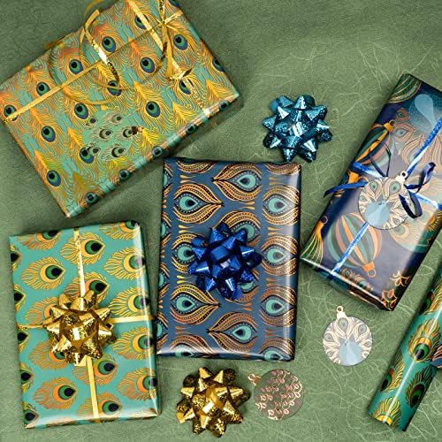 WRAPAHOLIC 30 Inch Peacock Christmas Wrapping Paper Roll - Jumbo Roll Green Peacock Elements Patterns with Metallic Foil Shine - 4 Rolls - 30 Inch x 120 Inch Per Roll