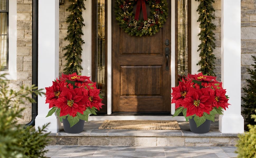 2 PC Poinsettias Artificial Christmas Flowers in Pot Red Faux Plant
