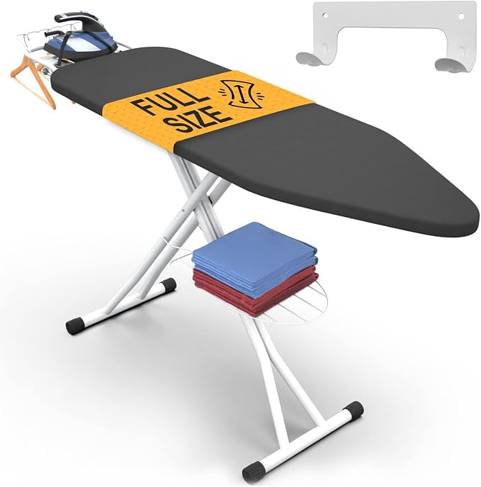 Ironing Board 57" x 15" Foldable with Wall Hanger | Height adjustable 30" - 36", full-metal frame, scorch & heat-resistant cover, iron rest, anti-slip feet, Cord Holder