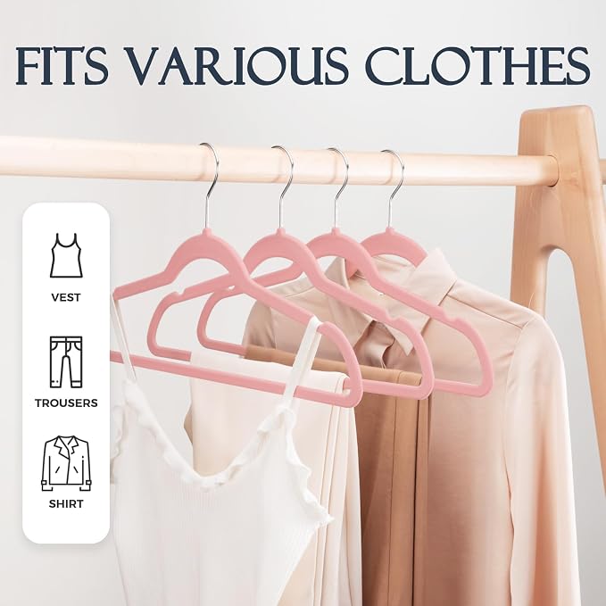 HOUSE DAY Lt Pink Velvet Hangers 20 Pack, Non Slip Clothes Felt Hanger Heavy Duty for Coat, Premium Slim Space Saving Suit Hangers for Closet Organizer, 360° Rotating Silver Hook