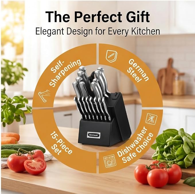 McCook Knife Set Sharp Kitchen Knife Block Set w Built-in Sharpener | German Forged Stainless Steel, 20 PC,Razor Sharp,Anti-Rust,Restaurant Grade,Ergonomic Handle,Full Tang, Gift Box