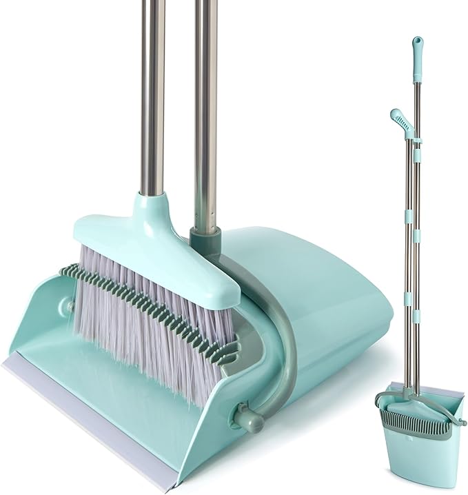 XXXFLOWER Broom and Dustpan Set with Cleaning Teeth, 54.5" Long Handle Indoor Sweeping Combo for Home Office Kitchen, Bluish Green