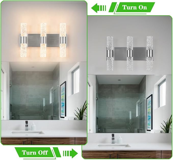 Modern Vanity Light, LED Vanity Light Fixture Brushed Nickel, Crystal Bathroom Lighting Fixtures over Mirror, Wall Lighting Fixtures for Bath, Wall Sconce for Bedroom Living Room, 27W Warm White