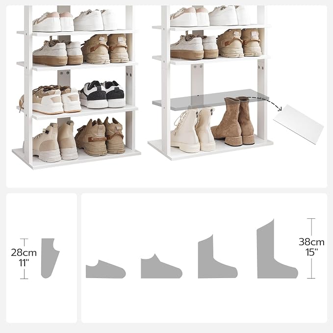HOOBRO Vertical Shoe Rack, 8 Tier Wooden Shoe Storage Organizer with Hooks, Narrow Shoe Tower for 16 Pairs, Space Saving, for Entryway, Living Room, Bedroom, White WT750XJ01