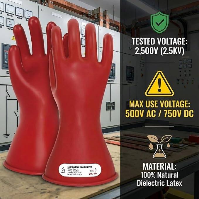 Class 00 Insulated Electrical Gloves - 2.5KV Tested for Max 500V AC Use - Low Voltage Safety Gloves for EV Hybrid Car Repair, HVAC & Electrician Work - Red Natural Latex (Universal Fit)