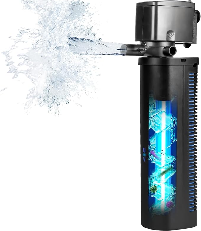 TARARIUM U-V Aquarium Filter for 75-200Gal Fish Tank Pond Pool, Dual Outlet | 2 Media Options Available + U-V, Green Killing, Internal Filter, Aeration, Deodorization, Saltwater Freshwater Clear, 423GPH