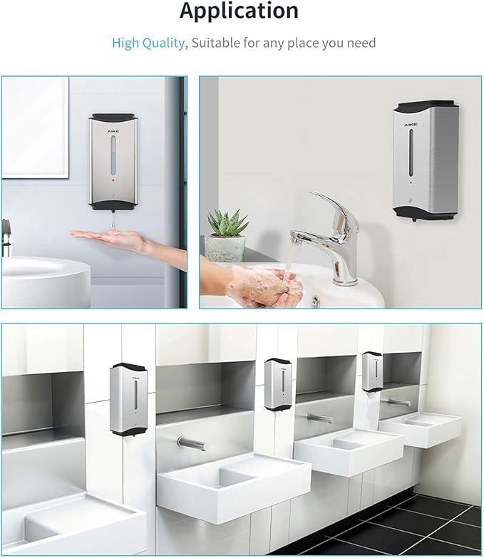 AIKE Heavy Duty Automatic Soap Dispenser,37oz for Bathroom,Polished Steel | 5-Level and Savety Key for Commercial(4*AA Batteries Not Included),Screw Wall Mount for Space-Saving,Stainless Steel AK1206