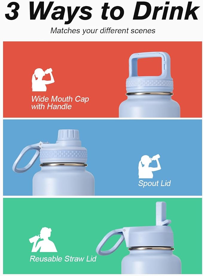 Water Bottle 32 oz Insulated with Straw, Coolflask Stainless Steel Metal 3 Lids Water Flask Wide Mouth for Sports or Office, Non-BPA Keep Cold Up to 48 Hrs or Hot Up to 24 Hrs, Light Blue