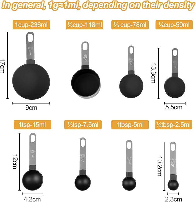 Fousenuk 8 Pieces Measuring Cups, Stackable Measuring Cups and Spoons Set with Stainless Steel Handle for Cooking and Baking, Measuring Tool for Measuring Liquids and Solids