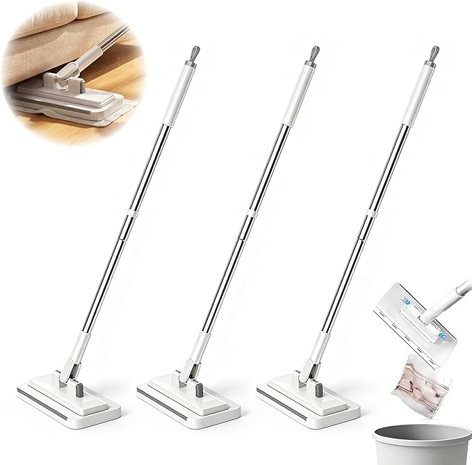 Snap Grip Flat Mop for Floor Cleaning, Wet Dry Wall Sweeper, 360° Swivel Head, Reusable Cloth Locking Design, Extendable Long Handle for Hardwood, Laminate, Walls (3 Mops+6 Packs Cleaning Cloth)