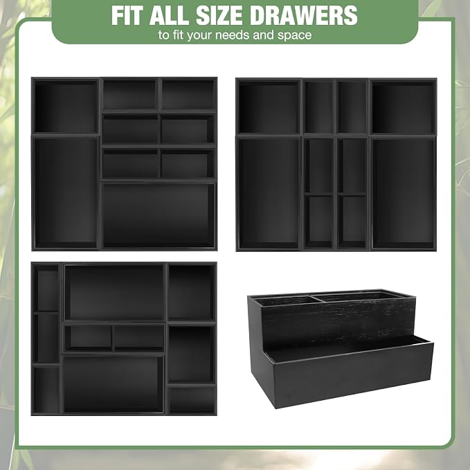 Bamboo Drawer Organizer Set, 8 PCS Black Multi-Use Drawer Storage Boxes, Junk Drawer Organizer Divider Bins for Bathroom, Kitchen, Office Desk, Makeup, Jewelry, Utensils