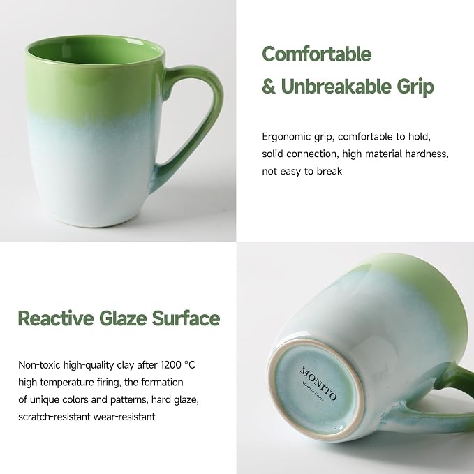 MONITO 17oz Ceramic Coffee Mugs Set of 6, Green Gradient Mugs with Handle | Mugs with Gold Rim for Latte,Tea&Cocoa,Dishwasher&Microwave Safe,Reactive Glaze Cups,Ideal Gift for Office and Home Use