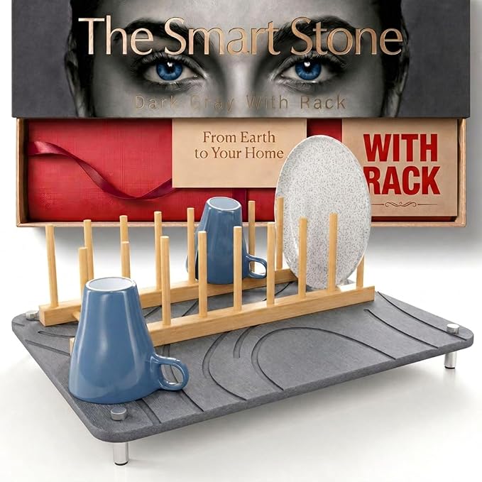 Stone Drying Mat for Kitchen Counter with Bamboo Rack | 16” x 12” Dish Drying Mat Large | Diatomaceous Earth Collapsible Stone Dish Drying Mat | Stone Mat for Kitchen Counter (Dark Gray)