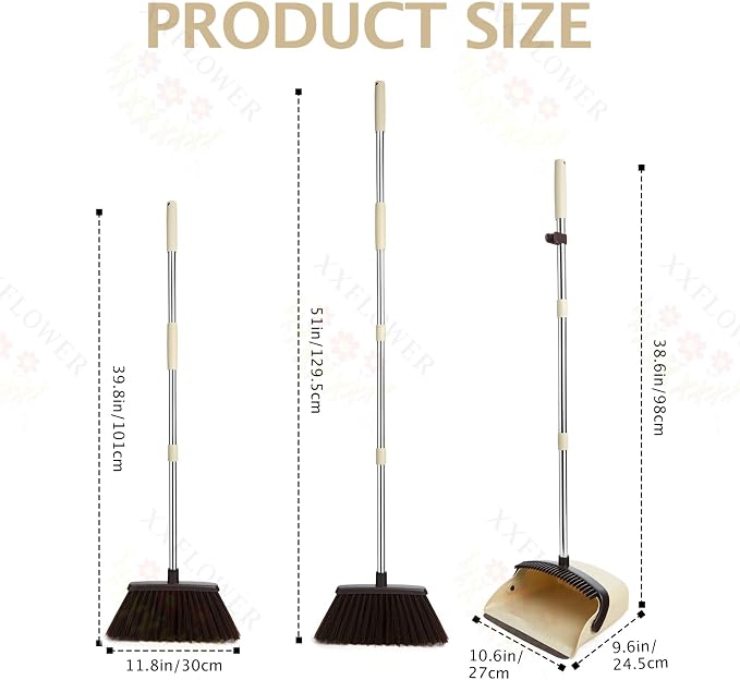 Broom and Dustpan Set with Long Handle, Heavy Dust Broom and Dustpan Combo for Home，Kitchen, Office, Pet Hair(Beige)