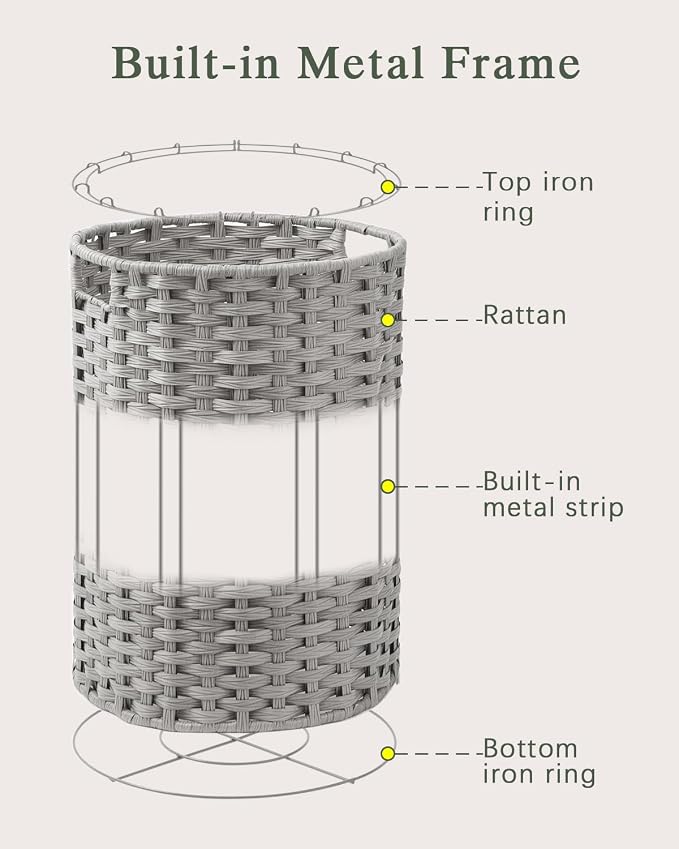 SETVSON Laundry Hamper Laundry Basket Round 19.0 Gal (72 L) Handwoven Rattan Hamper, Large Wicker Laundry Hamper with Removable Laundry Bag Handles 2 Mesh Bags for Bathroom Living Room Gray (No Lid)