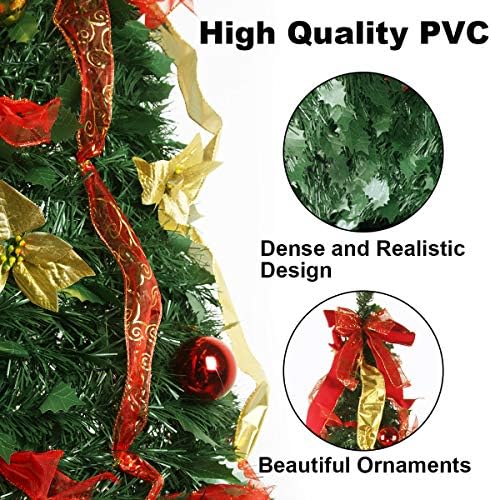 6FT Prelit Pop Up Artificial Christmas Tree Pull with Lights, Decorations, Remote - Red, Gold Ornaments, Bows, Ribbons