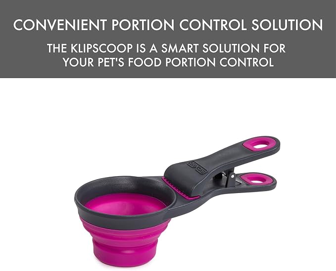 Dexas Popware for Pets Collapsible Klip Scoop, 3-in-1 Pet Food Scoop, Measuring Cup and Bag Clip, 1/2 Cup Capacity, Fuchsia