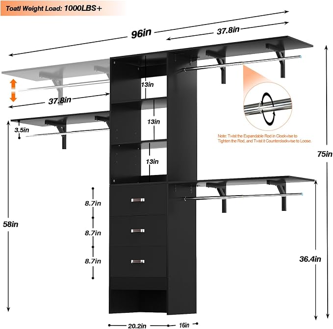 Armocity 96" Wood Closet System with 3 Enclosed Drawers & 3 Solid Shelves, 8FT Adjustable Closet Organizers and Storage, Heavy Duty Modular Wardrobe for Reach-In & Walk-In, 1000 LBS Load, Black
