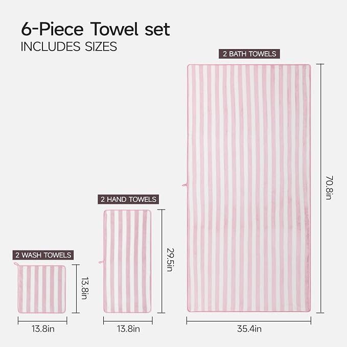 REDKISS Ultra Soft Bath Towel Set 6-Piece 35"x70" | 100% Microfiber, Highly Absorbent | Quick Dry Towels for Bathroom, Spa, Gym | 2 Bath, 2 Hand, 2 Washcloths | Pink