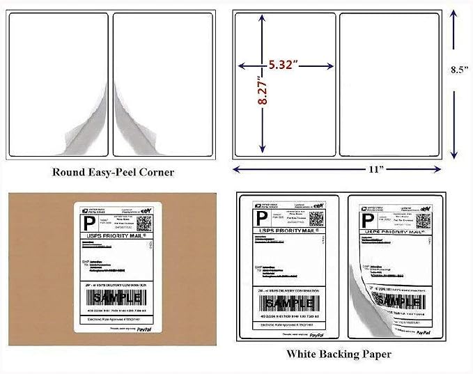Round Corner Half Sheet Self Adhesive Shipping Labels for Laser and Ink Jet Printers, White Blank (1000 Sheets, 2000 Labels)