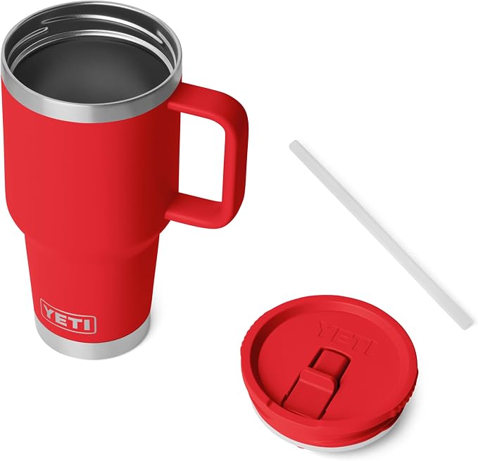 YETI Rambler 30 oz Travel Mug with Flip Straw Lid – Stainless Steel, Vacuum Insulated, Leakproof, Cup Holder Friendly, Rescue Red