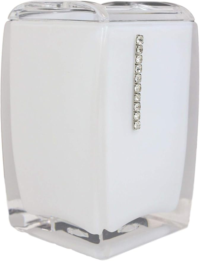 Classy Fashion Modern Chic Austrian Crystals Bathroom Gift Set 6 Piece Accessories Toothbrush Toothpaste Make Up Cosmetic Tools Holders Soap Dish and Pump Dispenser Toilet Brush & Base (White)