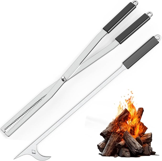 MOOFI Heavy Duty Fire Tong & Poker Set, Firewood Grabber 27.7" Long-Handle Carbon Steel Log with Serrated Grip Tong, Tools Sets For Fire Pit, Fireplace, Wood Stoves, Campfires, Bonfires & BBQ Grills