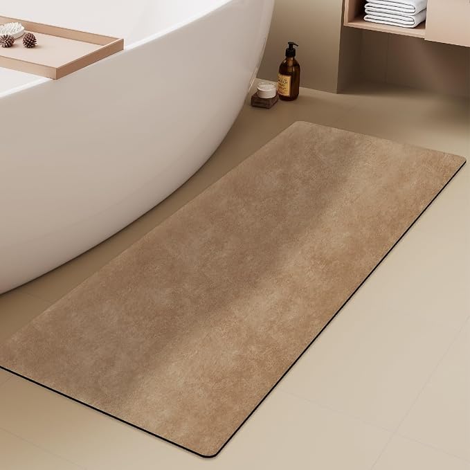 TYUU Bathroom Mat Quick Dry, Bathroom Rugs Non Slip Washable Thin Absorbent Bath Mat Fits Under Door Bathroom Floor Mat Perfect for Bath, Shower, or Sink 24"x60" Camel