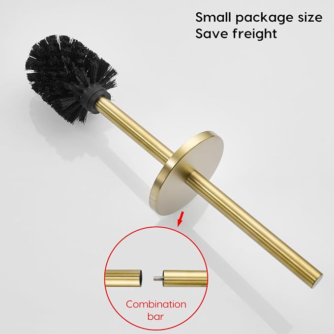 Gold Brushed Stainless Steel Toilet Brush and Cover, No-Punch Hook Base Dual Purpose Toilet Brush Holder with Removable Inner Bucket and Splash Cover - Soft Bristles (Brushed Gold)