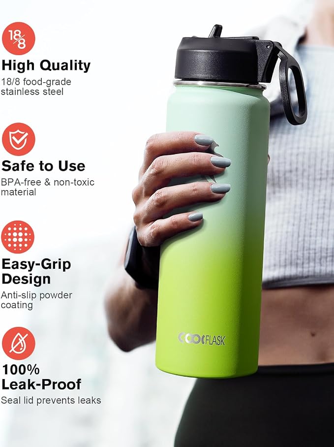 Coolflask Water Bottle 24 oz Insulated with Straw, Stainless Steel Metal 3 Lids Water Flask Wide Mouth for Sports or Office, Non-BPA Keep Cold Up to 48 Hrs or Hot Up to 24 Hrs, Ombre Green