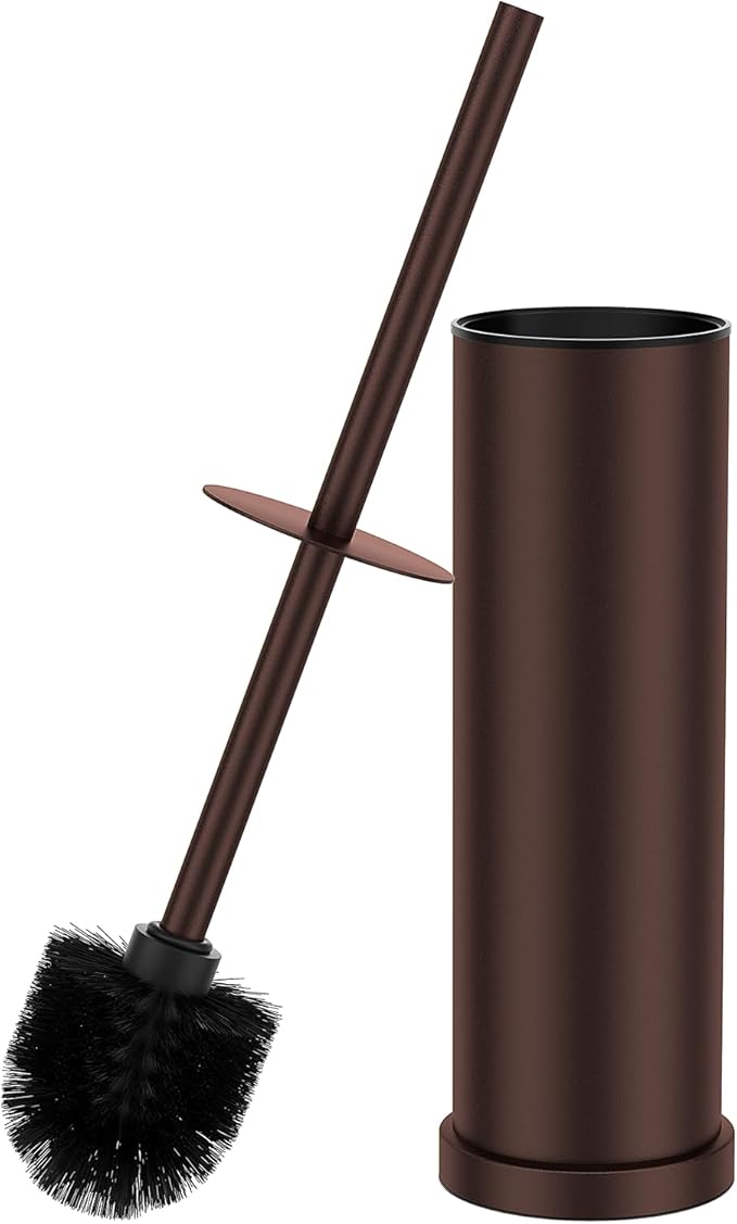 Bronze Toilet Brush and Holder Set，Stainless Steel Heavy Duty Toilet Bowl Brush，Extra Long Handled Modern Toilet Cleaner Brush with Replaceable Head, Removable Inner Bowl, and Splash Protection