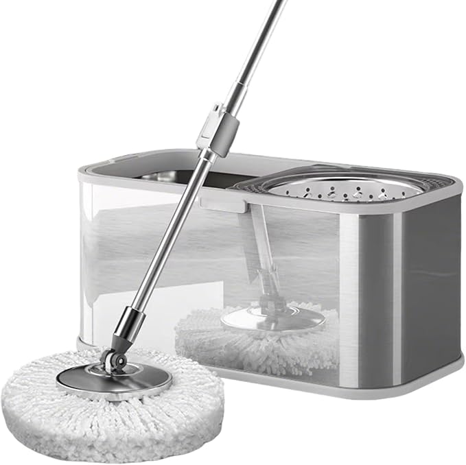 Stainless Steel Spin Mop Bucket Set with 5 Microfiber Mop Heads (Silver) | 360° rotating mop head, adjustable handle, rolling wheels, cleans tile, hardwood & laminate floors