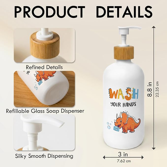 Kids Bathroom Soap Dispenser, Dinosaur Glass Dish Soap Dispenser with Pump for Kitchen, Wash Your Hands Toddler Bathroom Countertop Handsoap Refillable Container