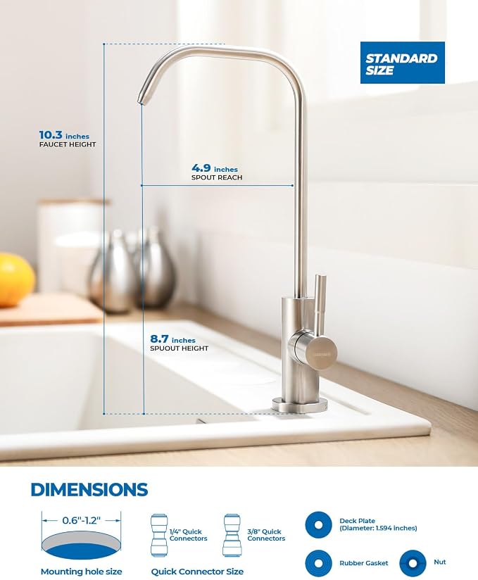 WEWE Drinking Water Faucet, Lead-Free Kitchen Water Filter Faucet for Reverse Osmosis or Water Filtration System, RO Faucet, Brushed Nickel